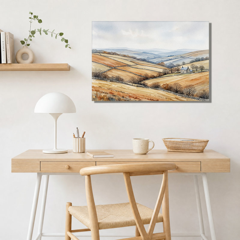 Tableau sur toile aquarelle représentant des collines ondulantes et des murs de pierre, 16"H x 24"W