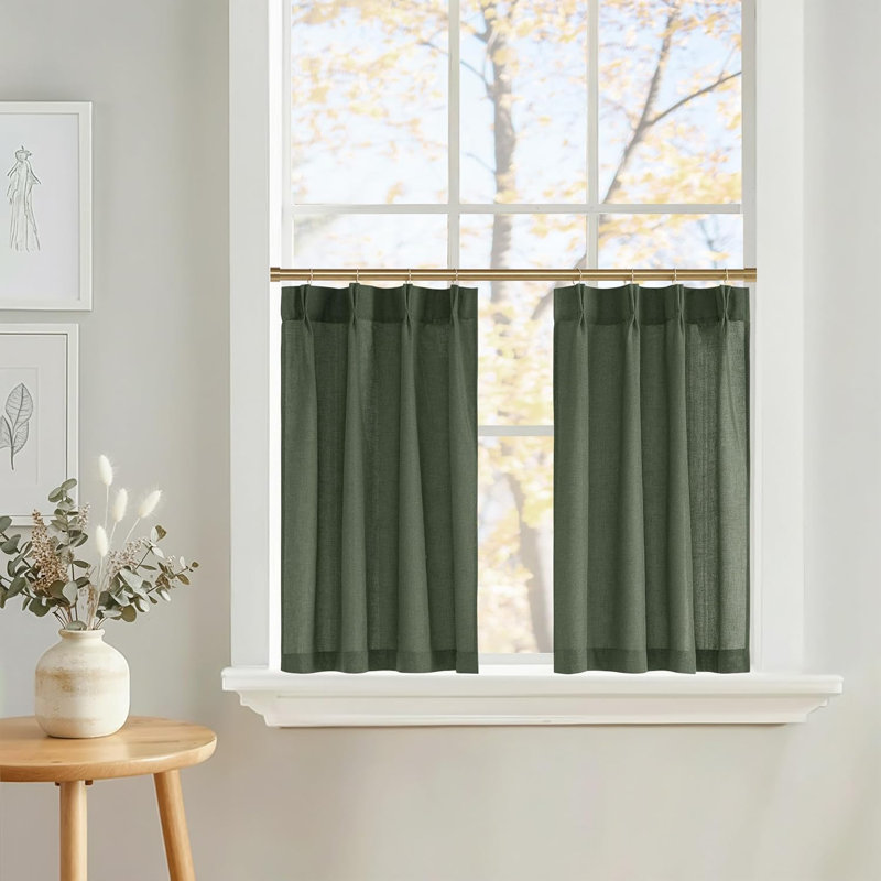  Pinch Pleated Linen Valances for Windows, 2 Panels Set Farmhouse Light Filtering Small Sheer Curtains for Cafe Bar Kitchen Over Sink Christmas Decor