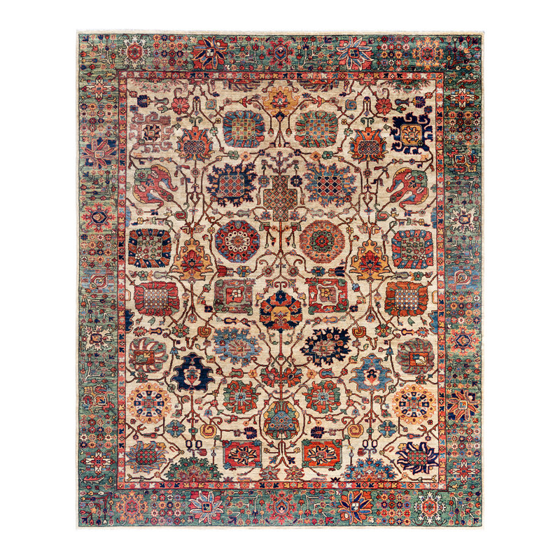Hand-Knotted Geometric Wool Area Rug in Beige and Red