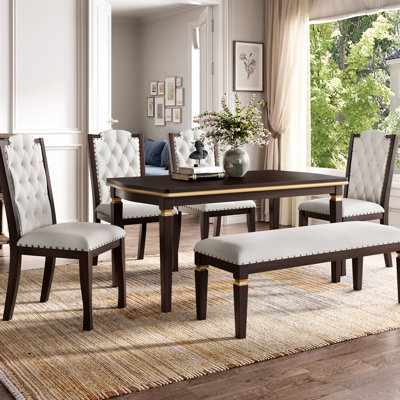 Ensemble de cuisine et salle à manger : table rectangulaire de 152 cm, 4 chaises hautes rembourrées, banc, coloris avec chaises et bois massif, teinte