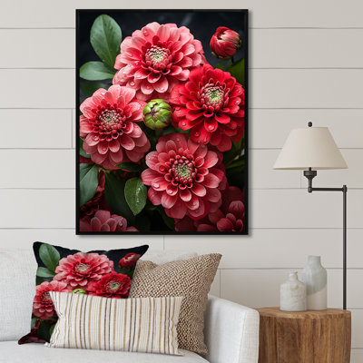 Red Beautiful Zinnias Blooms II - Flower Wall Art