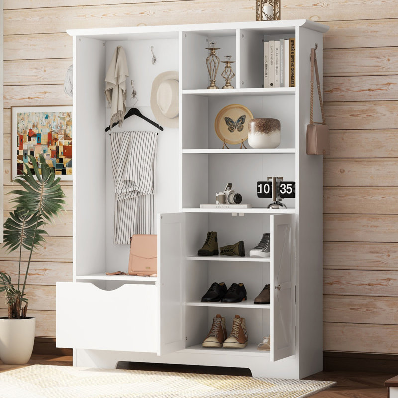 Portemanteau multifonctionnel avec tablettes et tiroirs de rangement, armoire à chaussures élégante avec banc, portemanteau moderne avec crochets pour les entrées de couloir,