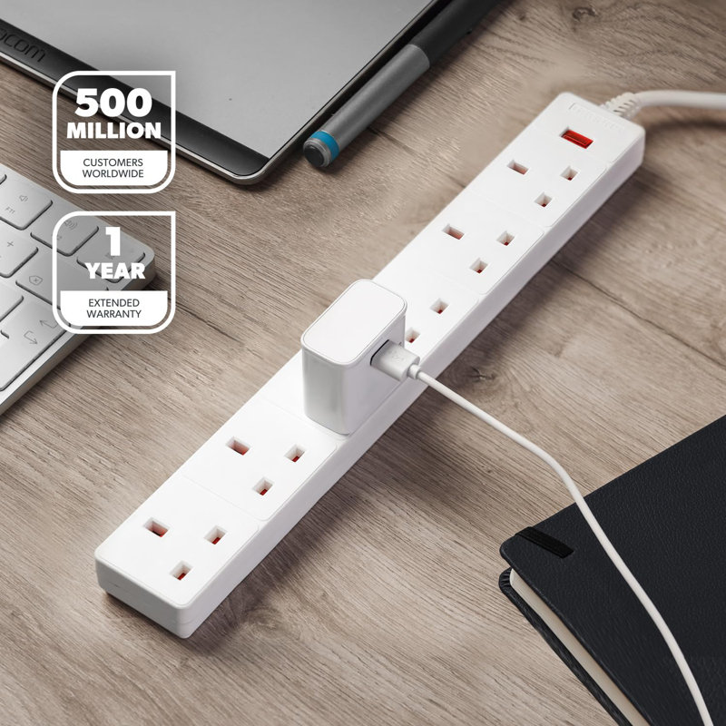 GEEPAS 6 Gang Extension Lead, 1M Cable | 6-Way Plug Extension Cable with Neon Indicator Light | Wall Mountable & Multi Socket Mains Strip for Home Bedroom Office | Heavy Duty UK Plug | White Pack of 2