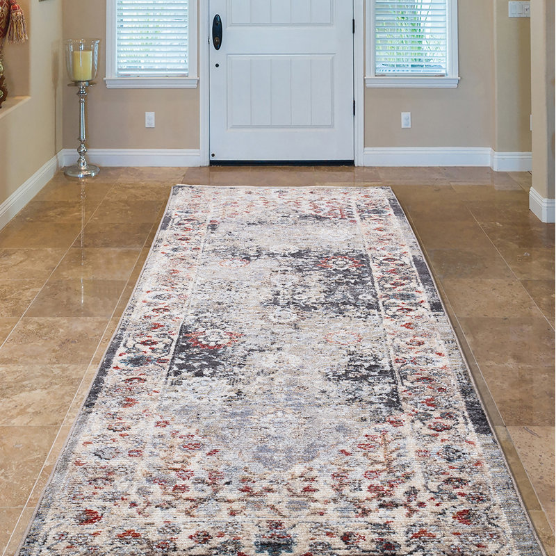 Tapis gris gris à motif esthétique antique, Tapis de couloir 2 pi 3 po x 7 pi 3 po