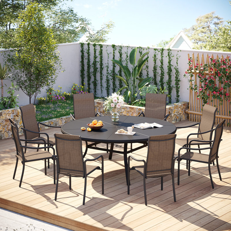 Ensemble repas pour 8 personnes avec table de salle à manger en aluminium 60 po et 8 chaises empilables, Brun