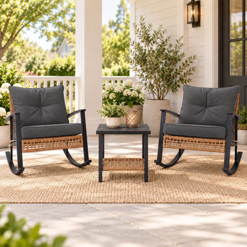 2 - Person Outdoor Rocking Wicker Conversation Set With Cushions, Gray