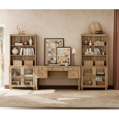 Ensemble de bureau 2 pièces, bureau double 56 po et ensemble de 2 bibliothèques avec portes en verre