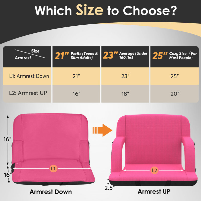 Charnetta 25In Heated Stadium Seat for Bleachers with Back Support, Portable Bleacher Seat USB 3 Levels of Heat, Pink, 1