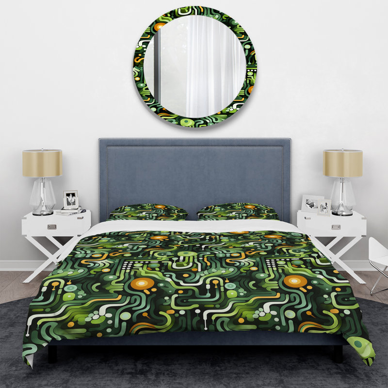 Green And Yellow Organic Matrix Mosaic Geometric Shapes Duvet Cover, King Duvet Cover + 2 King Shams