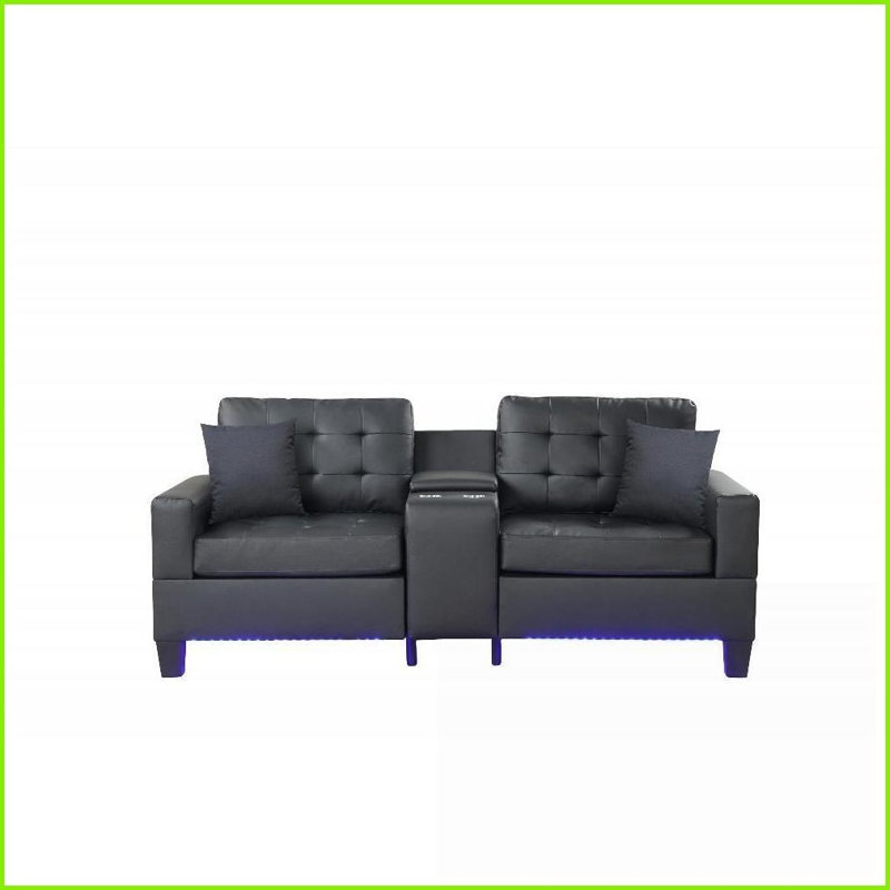 Canapé moderne en PVC noir de 85 po Genesis | Dossier serré | Accoudoirs carrés | Lumières DEL | Chargeurs USB | Console de rangement
