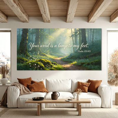 Grande peinture murale sur toile - rayon de soleil forêt sereine, peinture sur toile, verset biblique, reproduction d'art pour salon, chambre à coucher, bureau