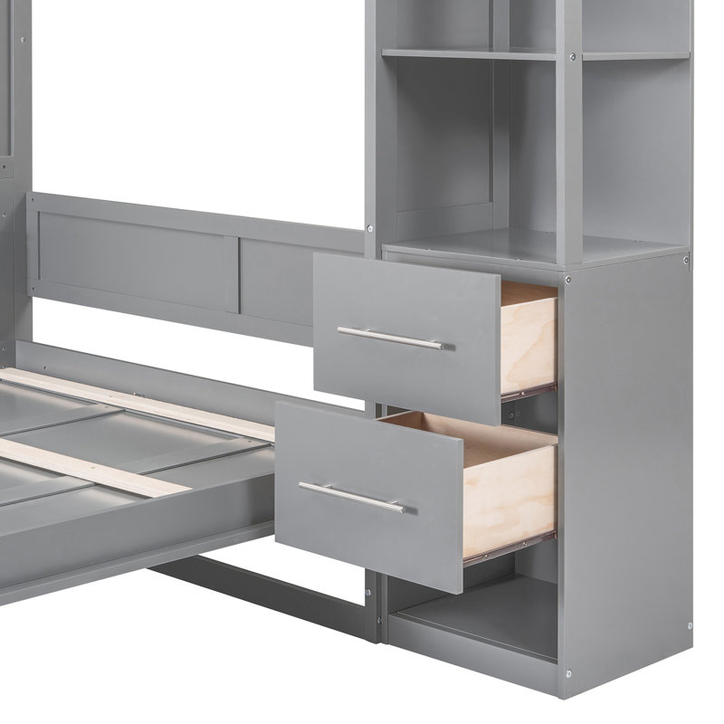 Grand lit pour l'espace - gris avec tablettes, tiroirs et tablettes à DEL, Grand lit