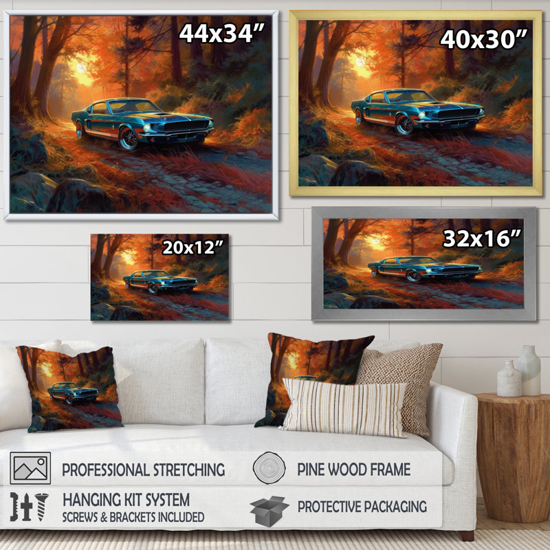 " Mustang Forest Drives II ", 24" H x 32" W x 1" D, Black Picture Framed
