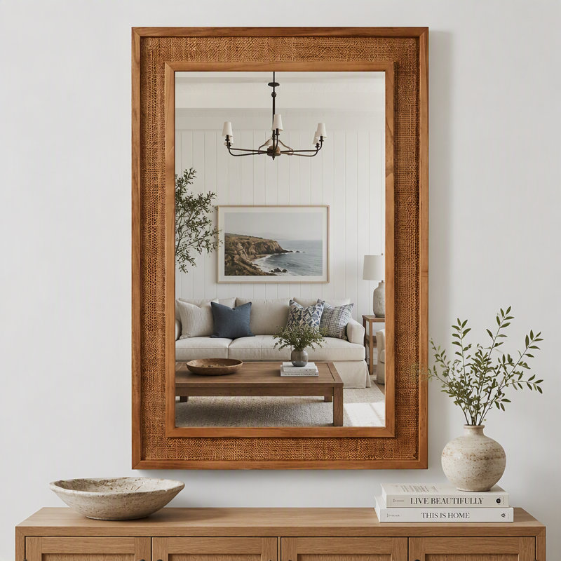 Miroir décoratif en rotin, miroir rectangulaire encadré de bois, miroir mural en verre trempé haute définition pour salle de bain, entrée ou salon de style campagnard