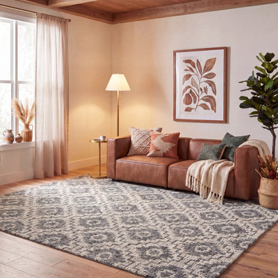 Tapis gris en laine touffeté à la main à motif géométrique Tolland