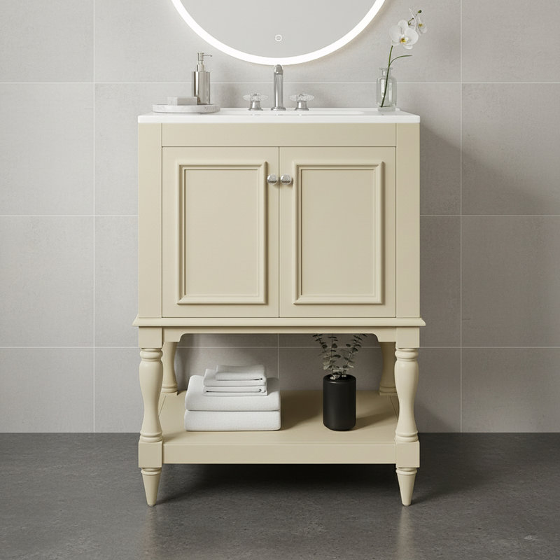 Bathroom Vanity With Ceramic Sink And Open&Closed Storage, Beige
