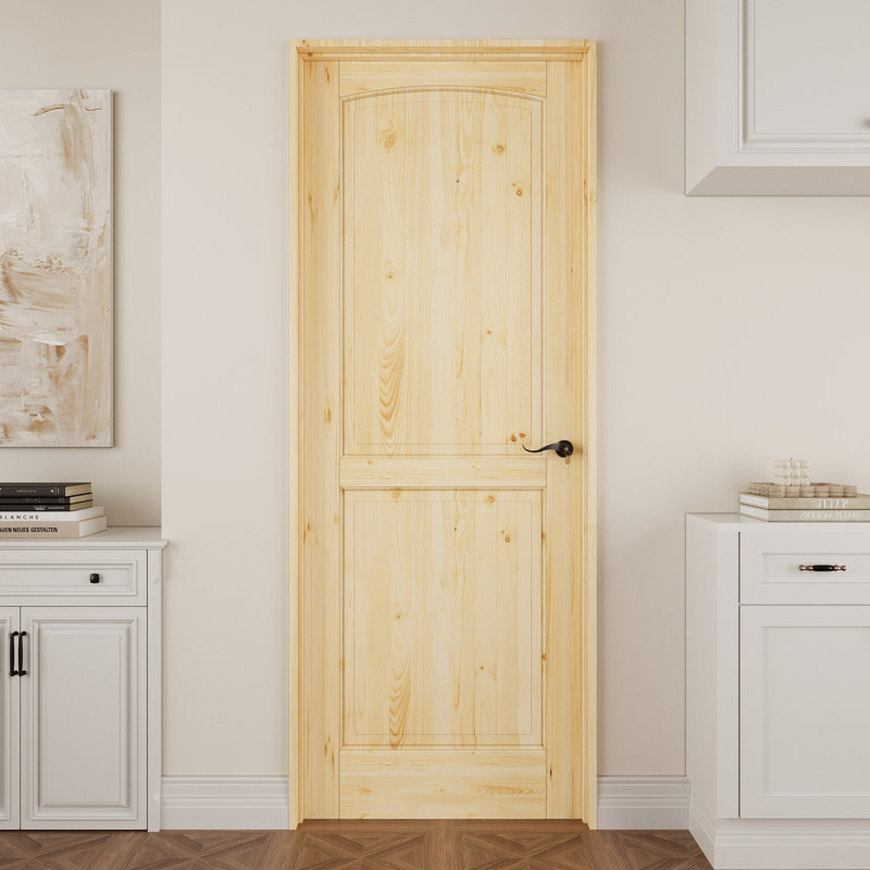Porte intérieure en bois de pin à 2 panneaux, porte pré-suspendue en pin massif naturel Colonial, avec trousse de joint, bande d'étanchéité, ouverture vers la gauche, charnières noires et poignée incurvée, porte non finie et à peindre, pour garde-manger, chambre à coucher, salle de bain, placard et salon "x 80"