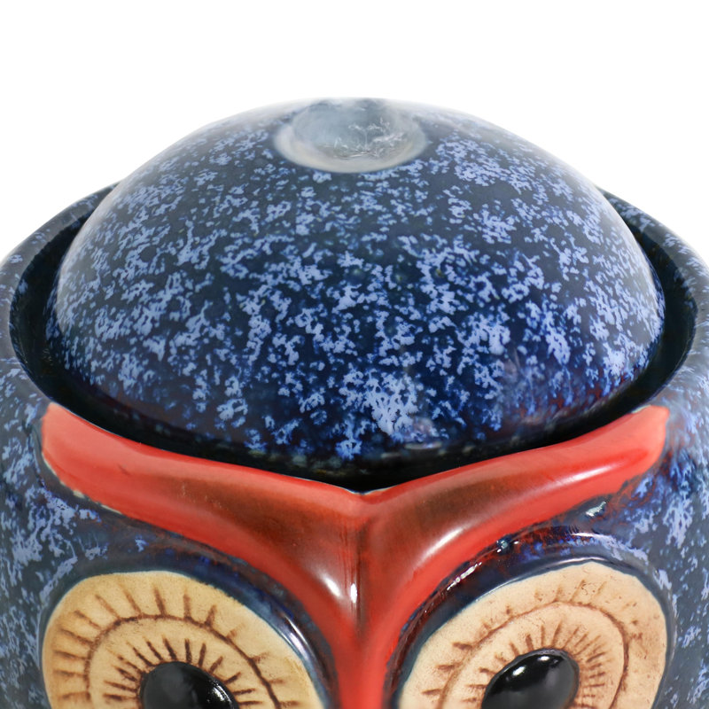 Whimsical Blue and Brown Ceramic Owl Tabletop Fountain