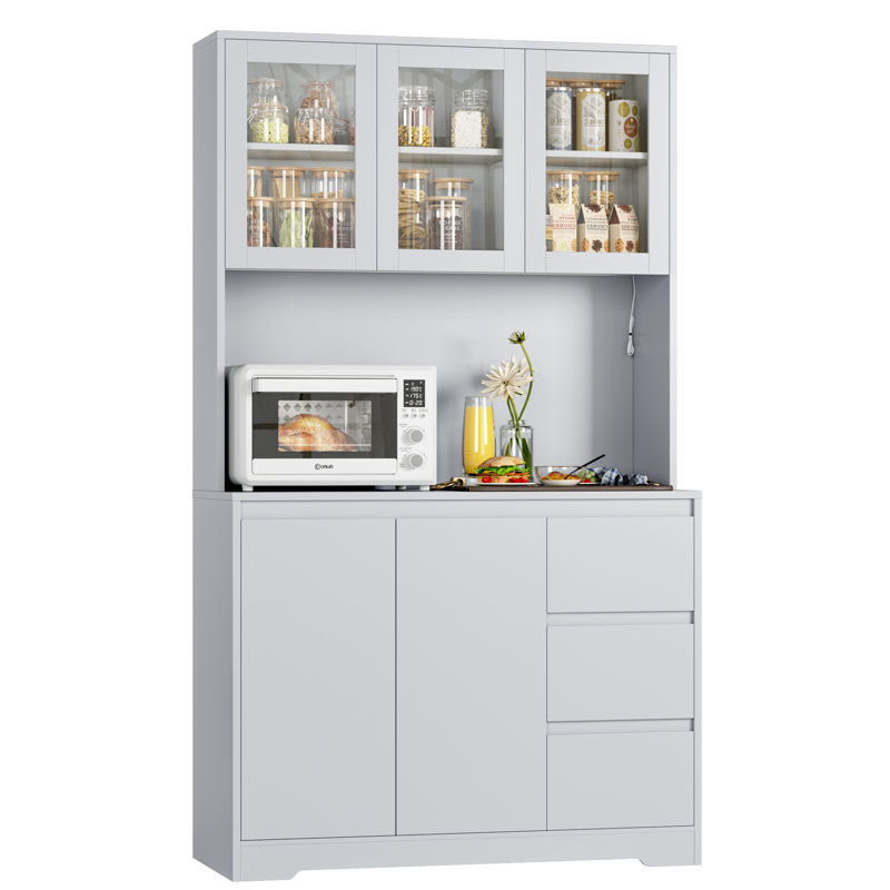 Satavia 70.9'' Kitchen Pantry with LED Lights and Charging Station, Microwave Shelf, Gray