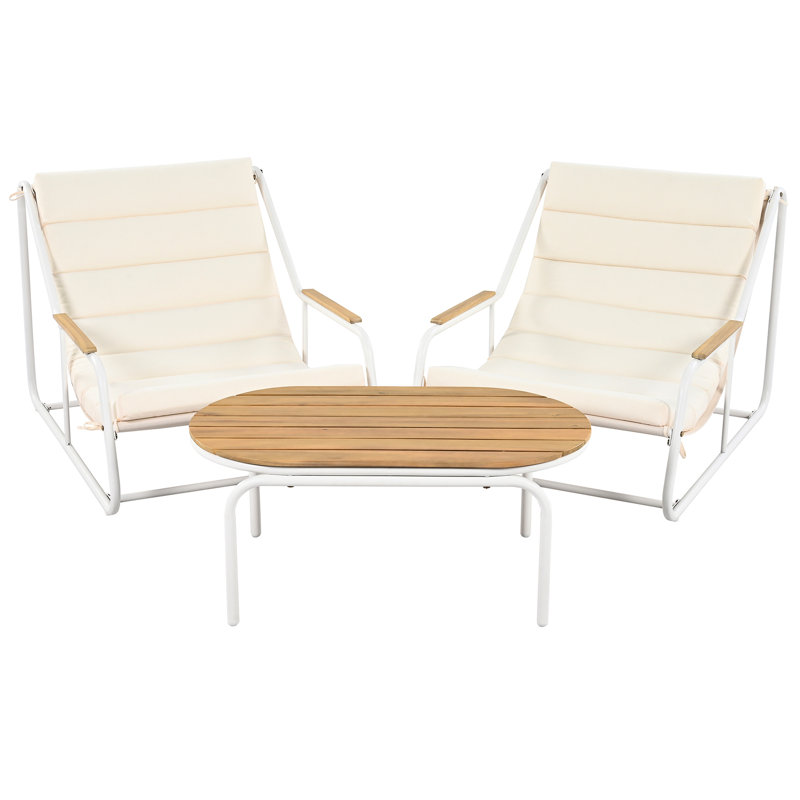 Chaise longue d'extérieur avec coussins moelleux et structure en fer, beige et blanc, pour la pelouse, la terrasse, la plage et la piscine - 3 pièces, tissu