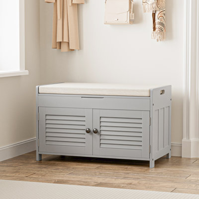 Shoe Storage Bench with Lift Top Storage, Wood Entryway Bench with Cushion, Adjustable Shelves