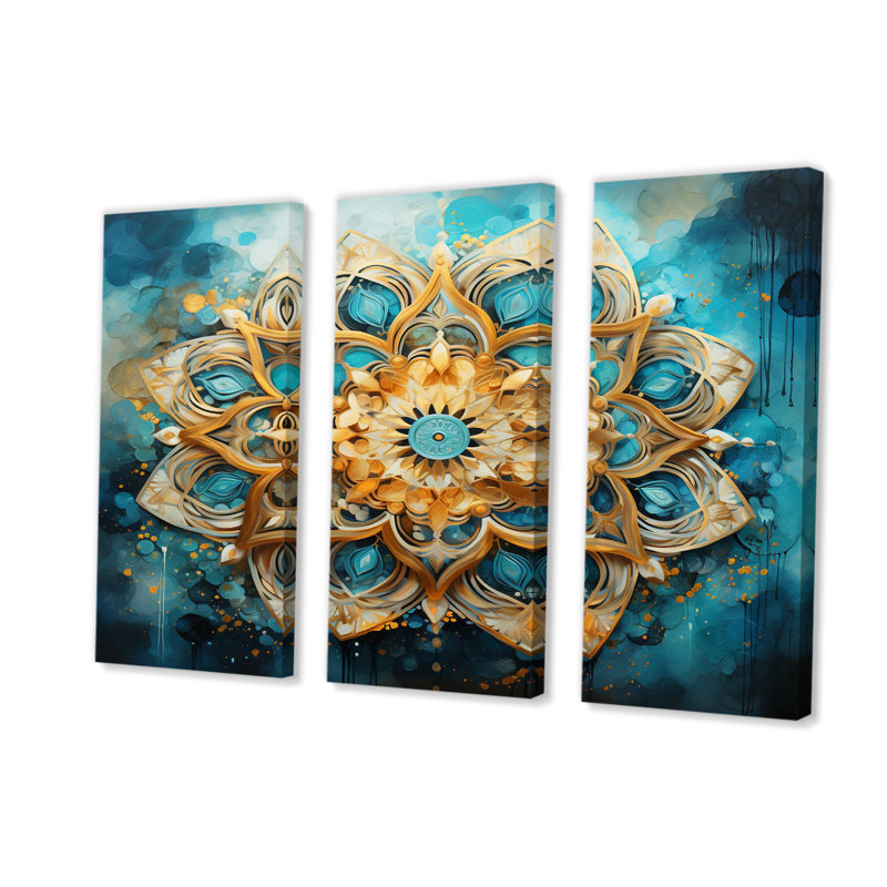 Ensemble d'art mural sur toile divin, mandala divin en or et turquoise III, H 28 po x l 36 po x P 1 po