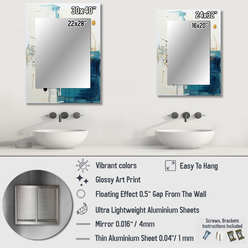 New Harmony Circular Abstract In White And Blue - Geometric Mirror, Modern Decorative Wall Mirror, Printed Metal Art