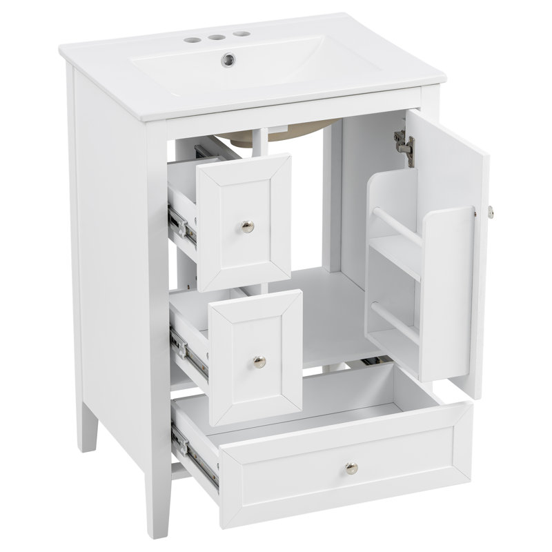 Meuble-lavabo moderne de 24 po avec lavabo en céramique, pieds en bois massif, tiroirs et porte à fermeture en douceur, support de rangement, finition de surface peinte