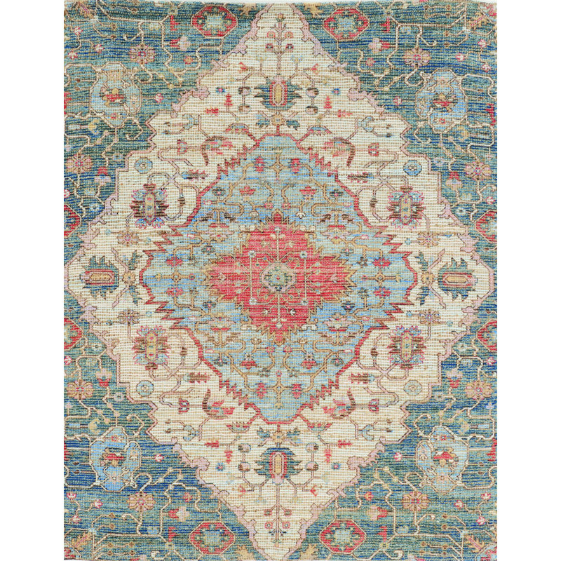 Mckenley Blue and Beige Medallion Hand Woven Area Rug, Rectangle 7' x 12'
