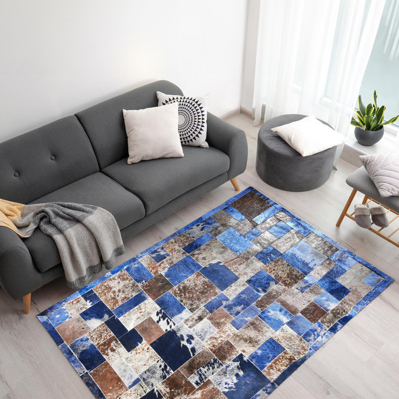 Blue Leaf Cowhide Patchwork Rug 4 X 6 Ft, Rectangle 4' x 6'