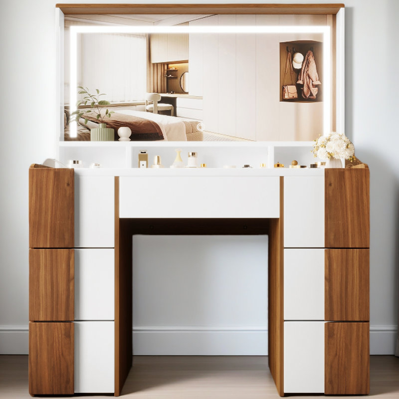 Élégante coiffeuse de 44,4 po avec grand miroir éclairé et prise de courant, coiffeuse avec 7 tiroirs et tablettes, coiffeuse avec autocollants en bois massif brun