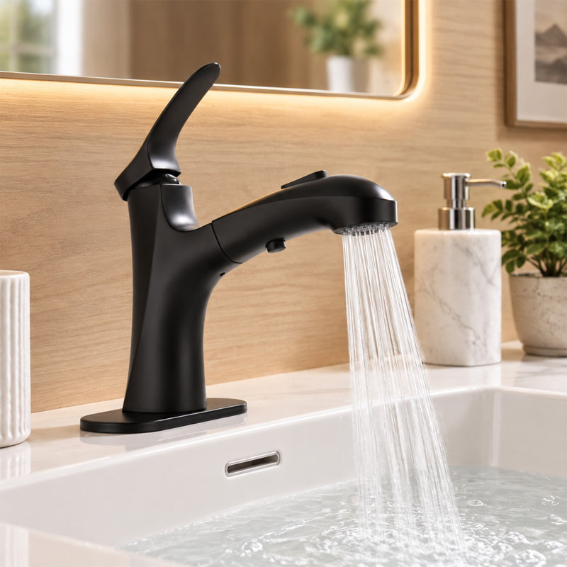 Single-Handle Bathroom Faucet with 20" Pull-Out Sprayer with 2 Spray Settings, Matte Black