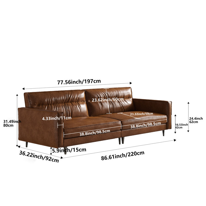 220CM Modern Vintage Brown Waxed Leather Sofa,Apartment Sofa, 2-3 Seater Sofa Couch for Living Room