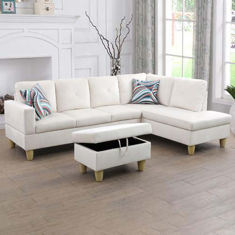 Halid Wide Sofa & Chaise with Ottoman, Left Hand Facing, White Velvet