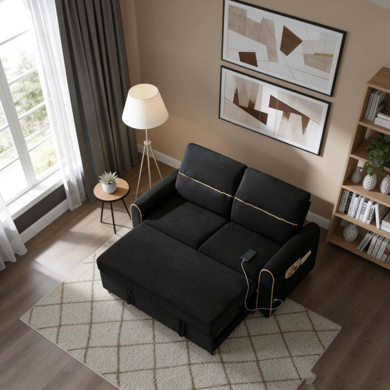 58-inch Chenille Pull Out Sofa Bed, Black