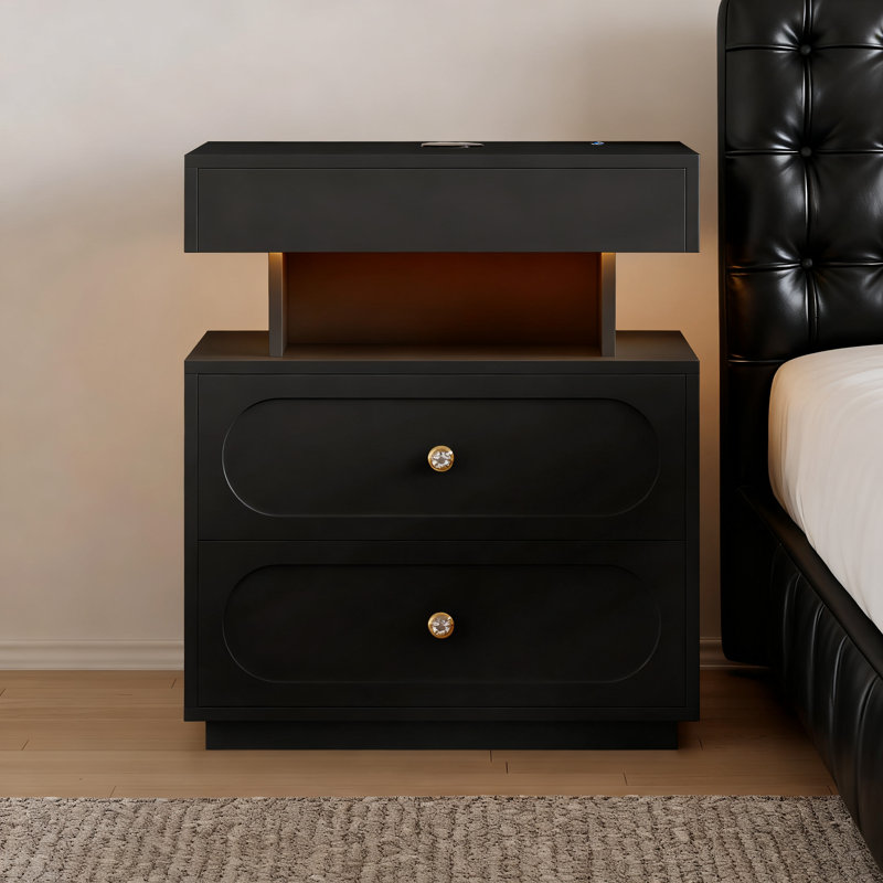 Floating 3-Drawer LED Smart Nightstand with Light  , Black