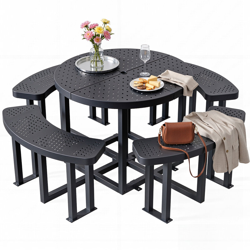  Ensemble repas de patio 38 po rond en métal avec trou pour parasol