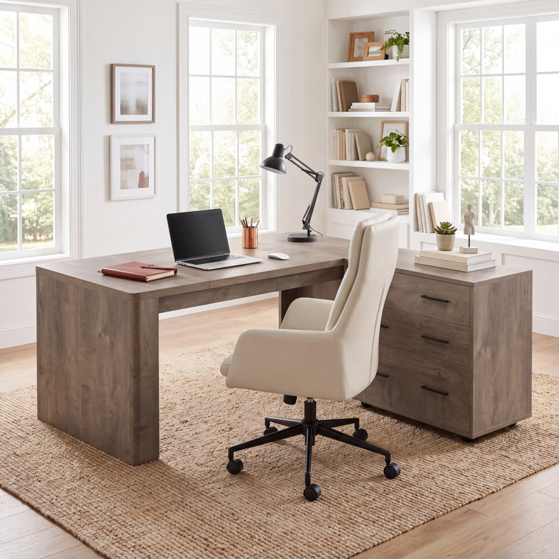Bureau de direction en L de 160 cm avec classeur intégré, brun