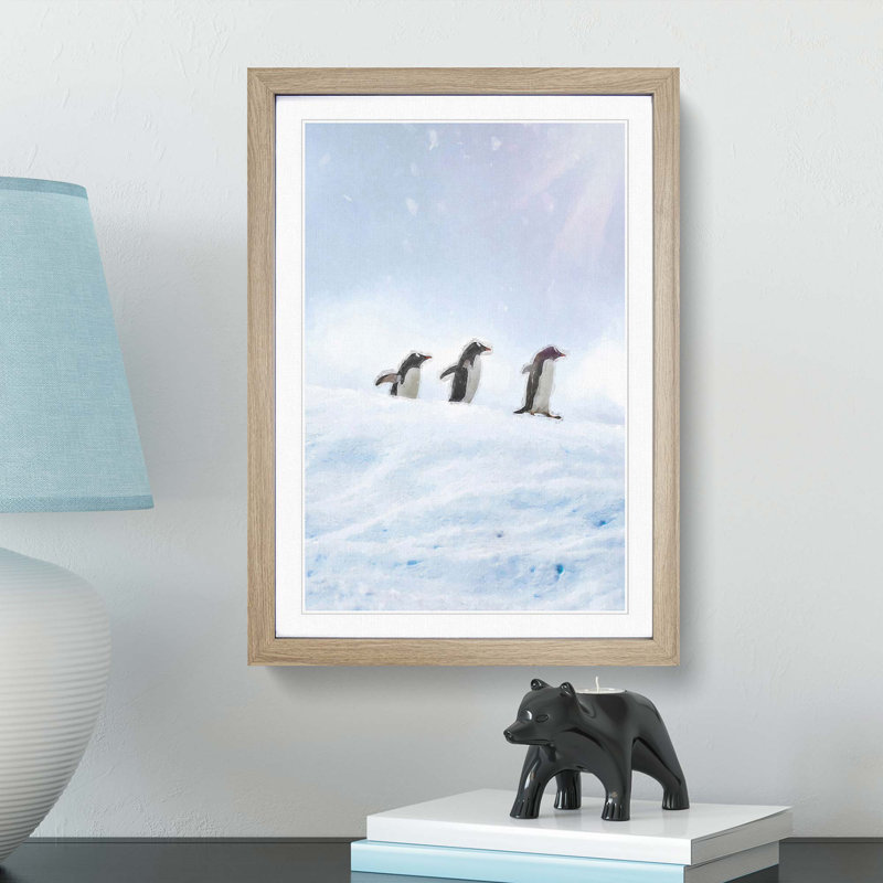Three Penguins in the Antarctica - Framed Print, 50cm H x 35cm W x 2cm D, Oak