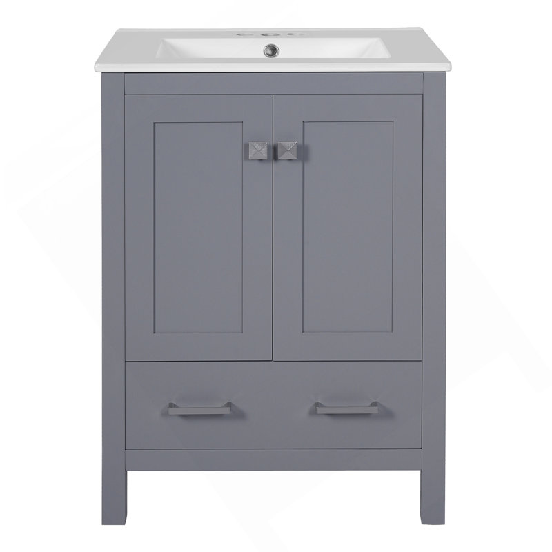 Meuble-lavabo de 24 pouces avec lavabo encastré intégré et armoire de rangement avec 2 portes et 1 tiroir. Comprend une tablette de porte à double couche, une conception à fermeture douce et des solutions de rangement polyvalentes