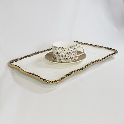 Simplicity Collection Ceramic Serving Tray With Gold Accent Rope Rim