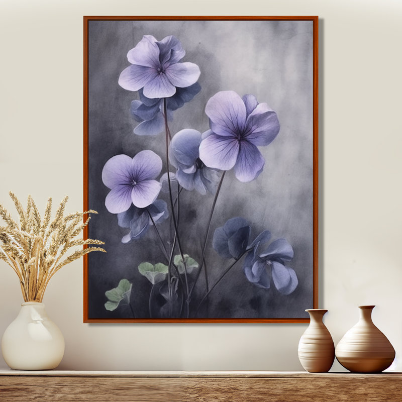 Mauve gris, violettes, rêve I - art mural floral, H 32 po x l 16 po x P 1 po, Cadre flottant brun