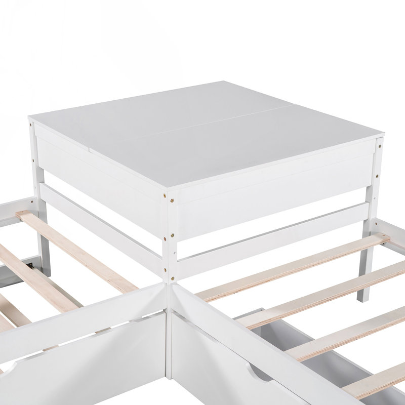 Lit plateforme en L avec lit gigogne, tiroirs et bureau intégré pour une utilisation compacte et peu encombrante, Blanc