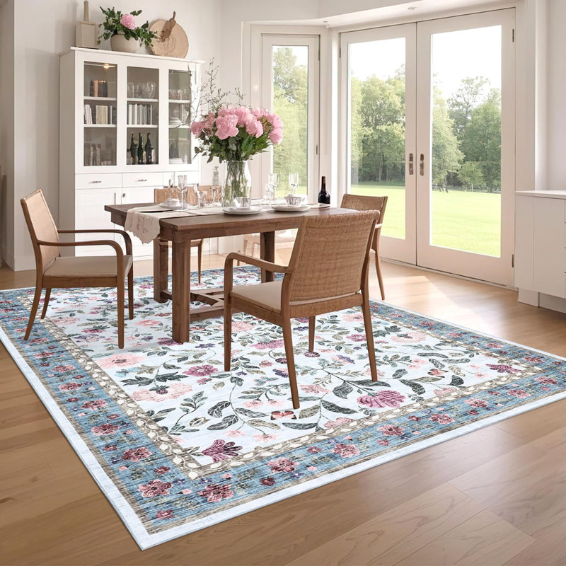 Washable Vintage Floral Area Rug, Non-Slip Low Pile Soft Faux Wool, Collapsible Printed Indoor Carpet, Mark-Resistant Non-Shedding, 120x170 cm, Light Blue, Germany