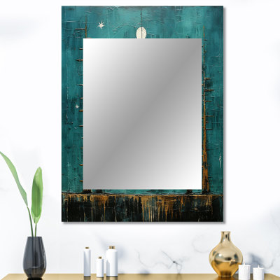 Abstract Moon On Retro Teal - Transitional Decorative Mirror, Turquoise Wall Mirror, Printed Metal Art