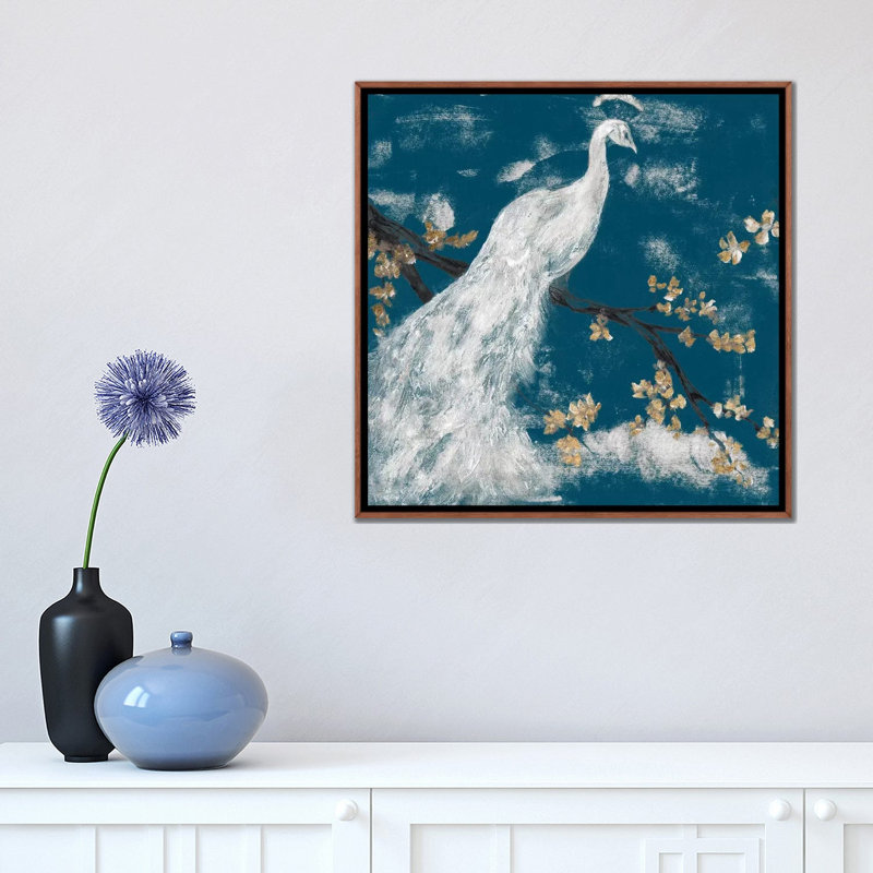 "White Peacock on Indigo I" par Jennifer Goldberger-impression, H 18 po x l 18 po x 1,5 po