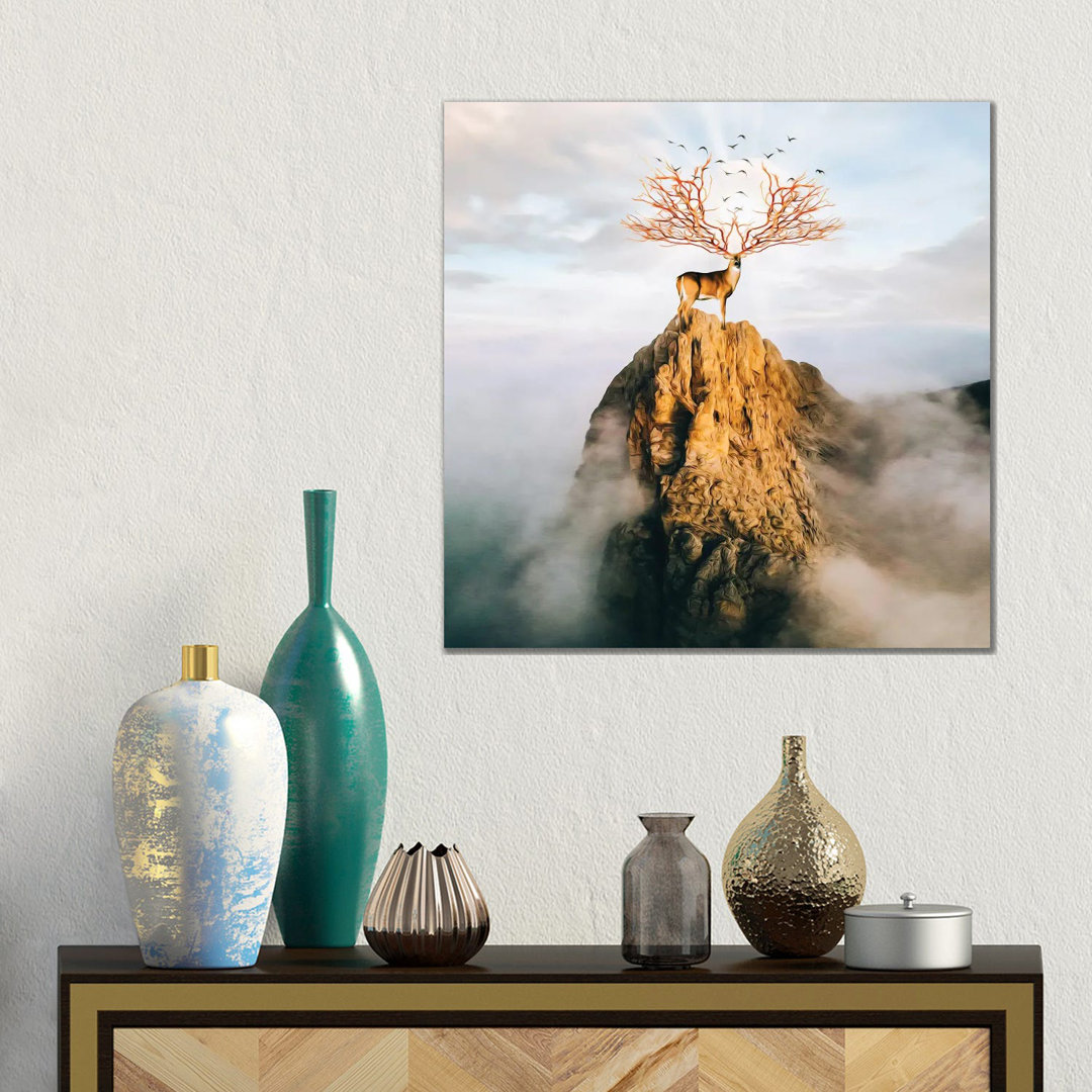 A Deer With Golden Antlers On Top Of A Mountain von Ievgeniia Bidiuk - Gallery-Wrapped Canvas Giclée on Canvas