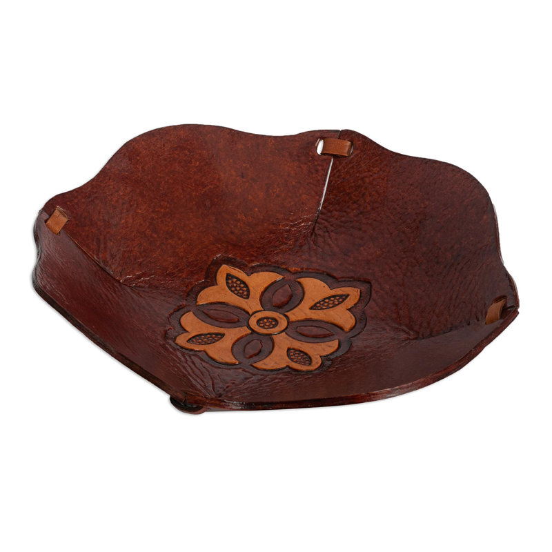Novica Handmade Mahogany Flower Tooled Leather Catchall