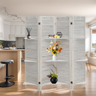 4 Panel Wood Room Divider Folding Privacy Screens With Shelves by Gracie Oaks