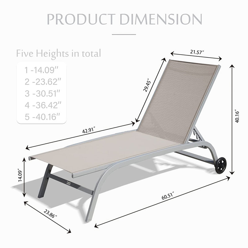 Chaises longues d'extérieur - kaki de 2. Dossier réglable à 5 positions. Séchage rapide. Pour les chaises longues de patio, de piscine, de plage, de cour et de terrasse, pour les espaces extérieurs. 5. Pont, plage. Assemblage sans effort